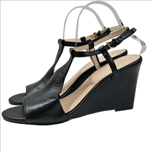Cole Haan Maddie Black Leather Open Toe Buckle T Strap Wedge Heel Sandle